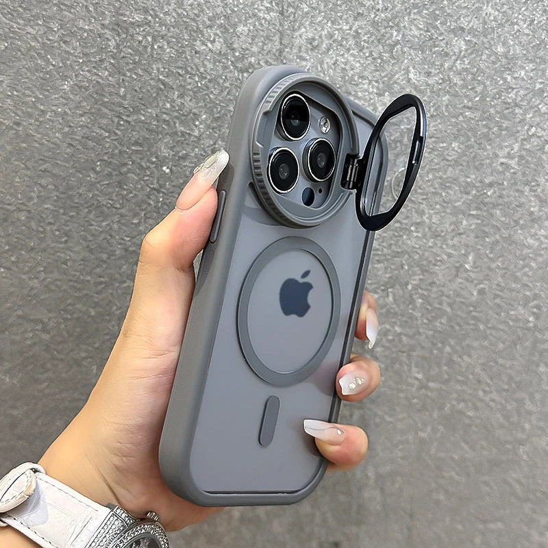 Fold Glass Lens Stand Magnetic Transparent Case For iPhone 1 12 13 Pro Max For Magsafe Wrist Strap Shockproof Cover
