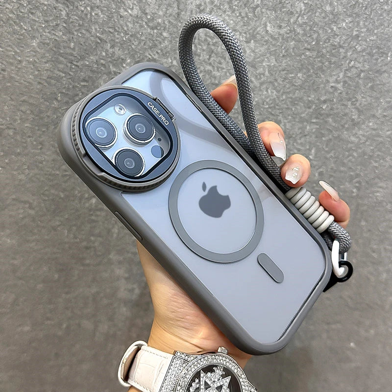 Fold Glass Lens Stand Magnetic Transparent Case For iPhone 1 12 13 Pro Max For Magsafe Wrist Strap Shockproof Cover