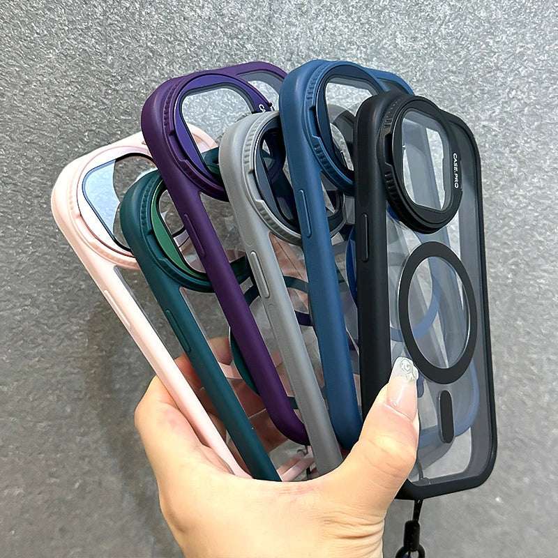 Fold Glass Lens Stand Magnetic Transparent Case For iPhone 16 15 14 Pro Max For Magsafe Wrist Strap Shockproof Cover