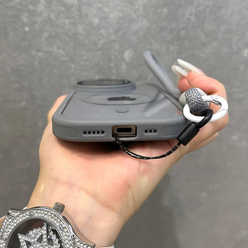 Fold Glass Lens Stand Magnetic Transparent Case For iPhone 16 15 14 Pro Max For Magsafe Wrist Strap Shockproof Cover