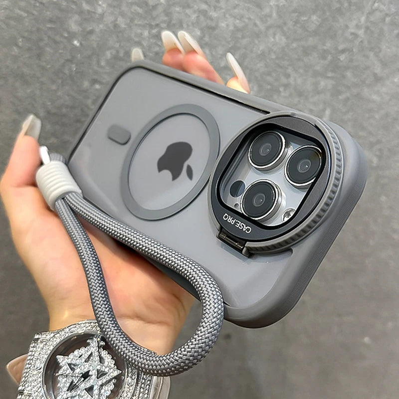 Fold Glass Lens Stand Magnetic Transparent Case For iPhone 1 12 13 Pro Max For Magsafe Wrist Strap Shockproof Cover