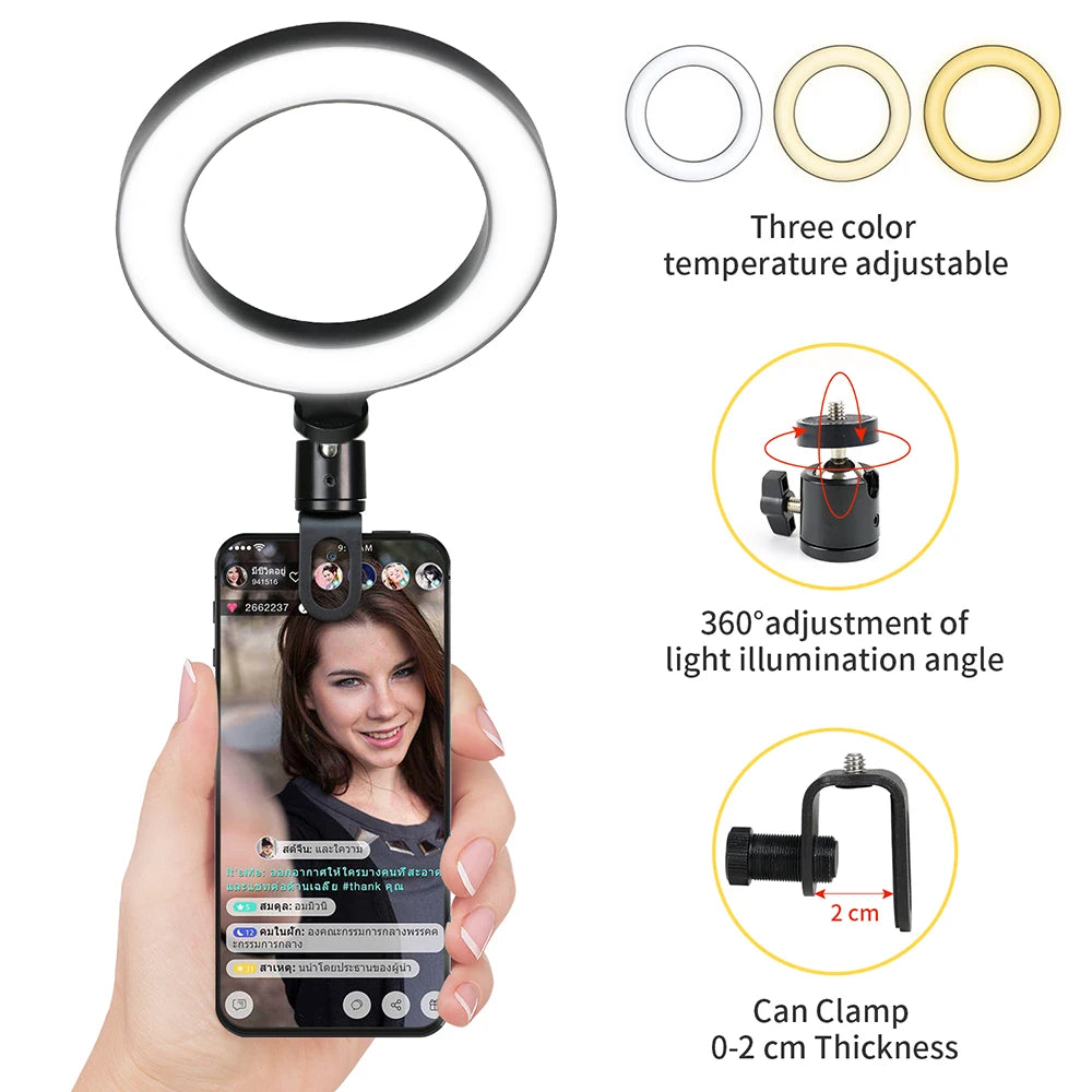 6.3 Inch LED Ring Lights Round Lamp Selfie Live Streaming USB Desktop Clip for  Macbook PC Laptop