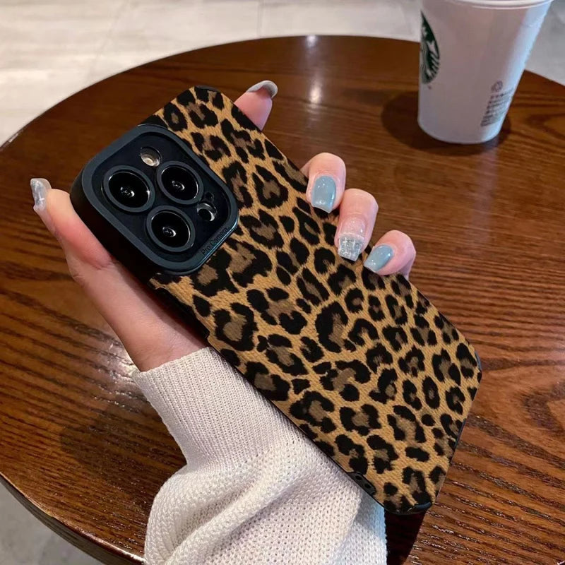 Fashion Brown Leopard Silicone Leather Case For iPhone 14 16 15 Pro Max 11 12 13 Plus