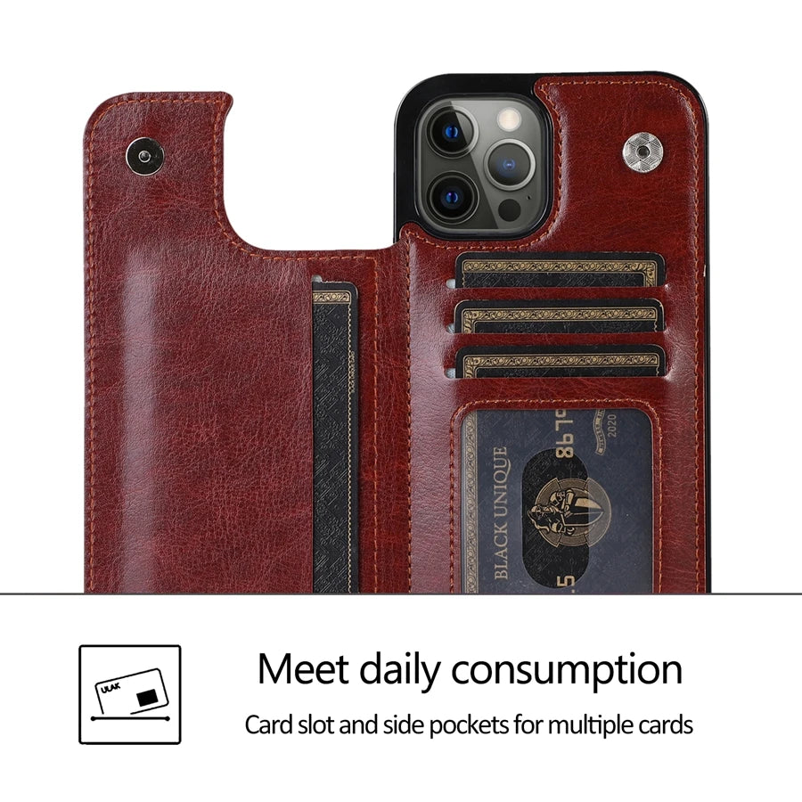 Wallet Double Button With Card Slot Stand Flip Leather Case For iPhone