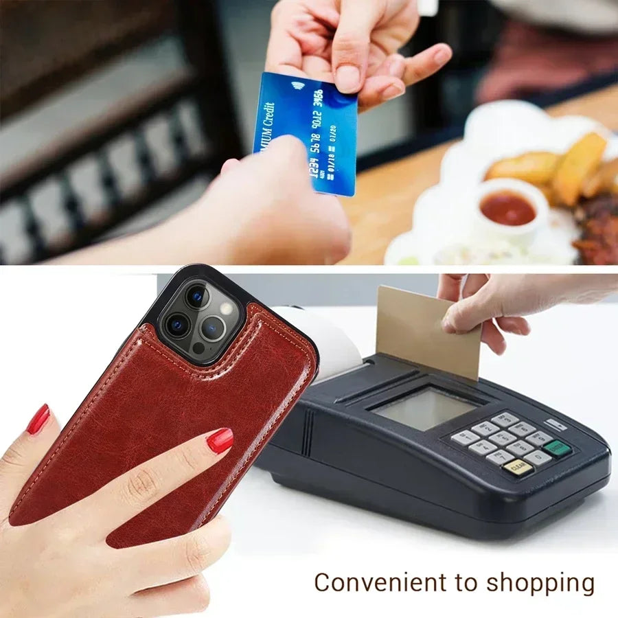 Wallet Double Button With Card Slot Stand Flip Leather Case For iPhone