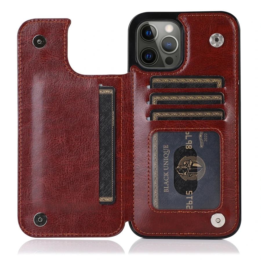 Wallet Double Button With Card Slot Stand Flip Leather Case For iPhone