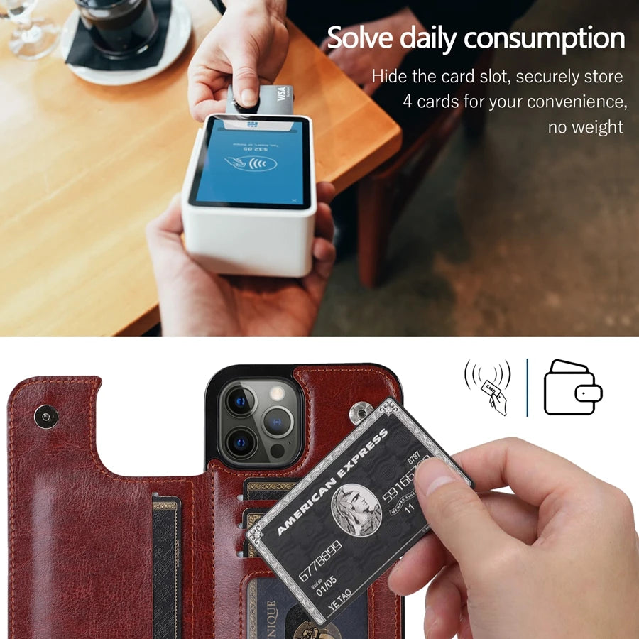 Wallet Double Button With Card Slot Stand Flip Leather Case For iPhone