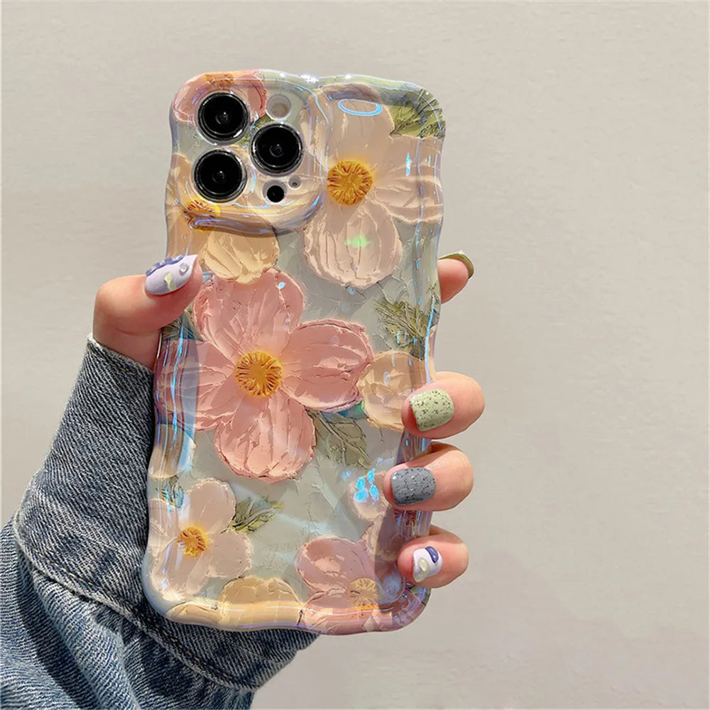 Ottwn Luxury Laser Oil Painting Flowers Phone Cases For iPhone 11 12 13 14 15 16 Pro Max