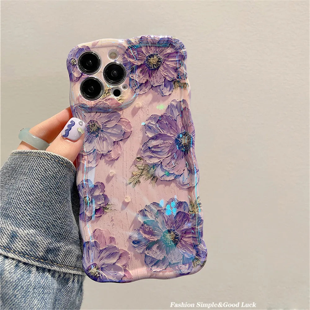 Ottwn Luxury Laser Oil Painting Flowers Phone Cases For iPhone 11 12 13 14 15 16 Pro Max