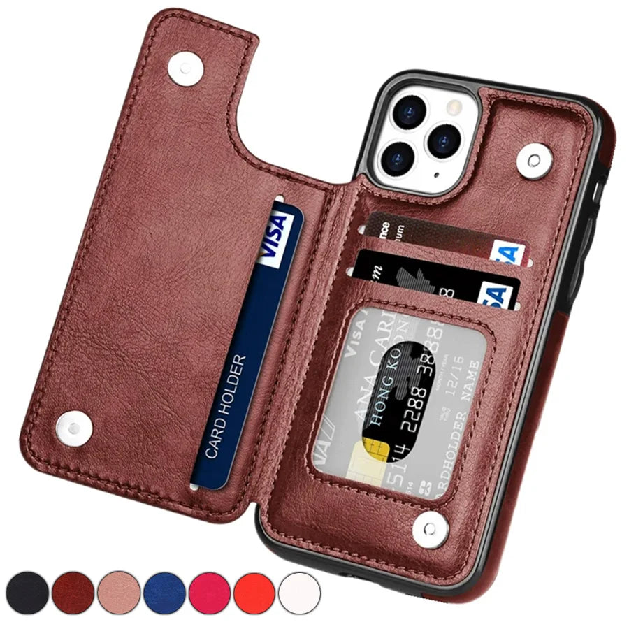 Wallet Double Button With Card Slot Stand Flip Leather Case For iPhone