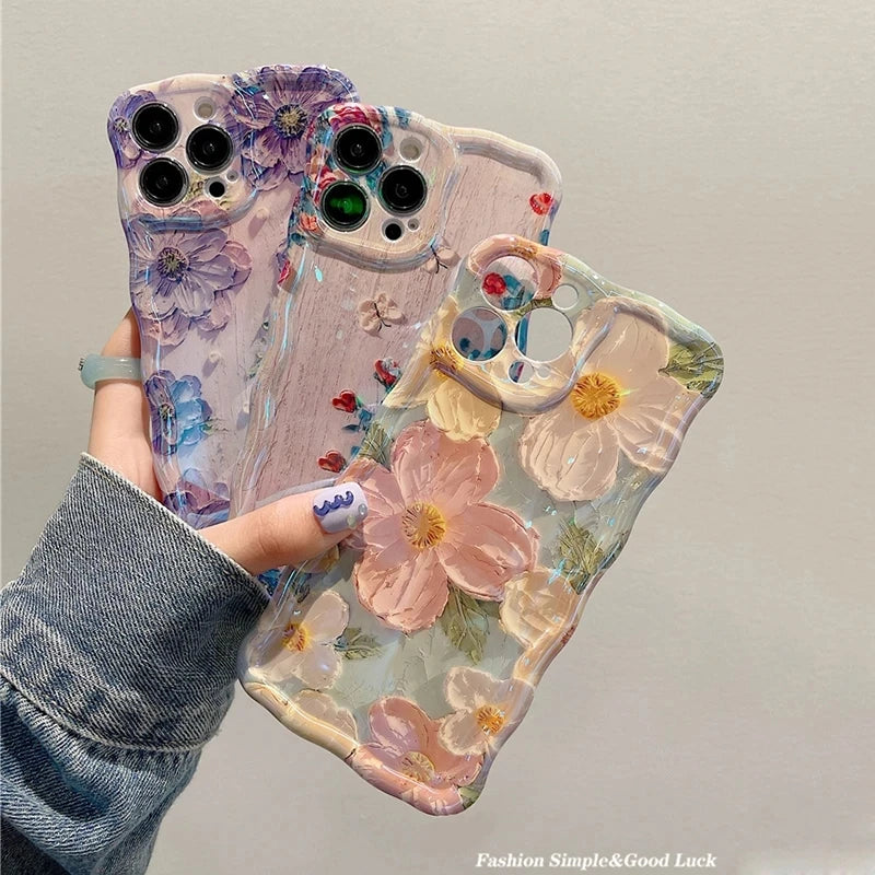 Ottwn Luxury Laser Oil Painting Flowers Phone Cases For iPhone 11 12 13 14 15 16 Pro Max