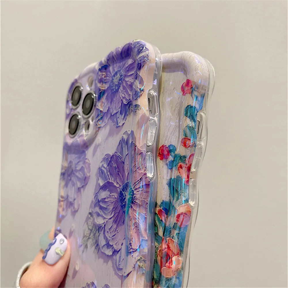 Ottwn Luxury Laser Oil Painting Flowers Phone Cases For iPhone 11 12 13 14 15 16 Pro Max