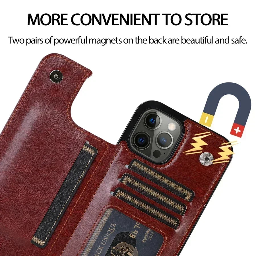 Wallet Double Button With Card Slot Stand Flip Leather Case For iPhone